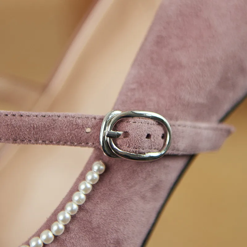 

MEMUNIA 2021 Newest Single Shoes Women Pumps Suede Leather Pearl Buckle Mary Jane Shoes Square Toe High Heels Party Shoes Woman