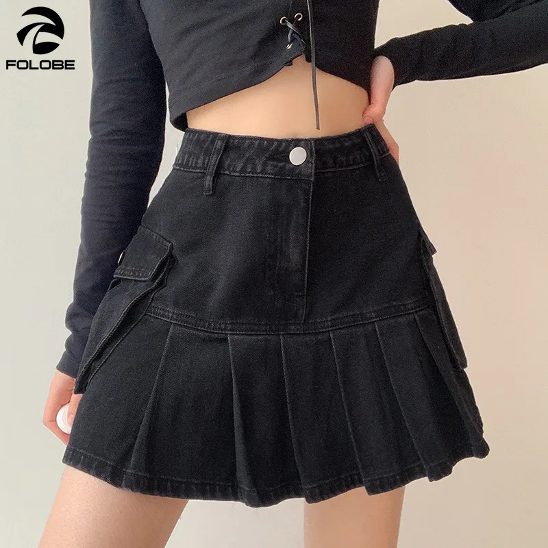 

FOLOBE 2021 Vintage Black Short Denim Skirt Pocket Casual Denim Pleated A-Line Fashion Sexy Mini Skirts Female jean skirts