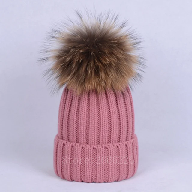 Pink two Шапки с помпоном из натурального меха енота, женские зимние шапки с помпоном, пушистые шапки с большим помпоном skullies, женские вязаные шапки с помпоном для взрослых девочек - Цвет: Pink two