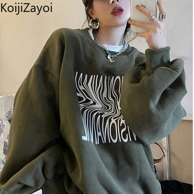 

Koijizayoi Harajuku Letter Print Women Long Sleeve Hoodies Oversized Fall Winter Plush Thick Warm Pullover Sweatshirt Streetwear