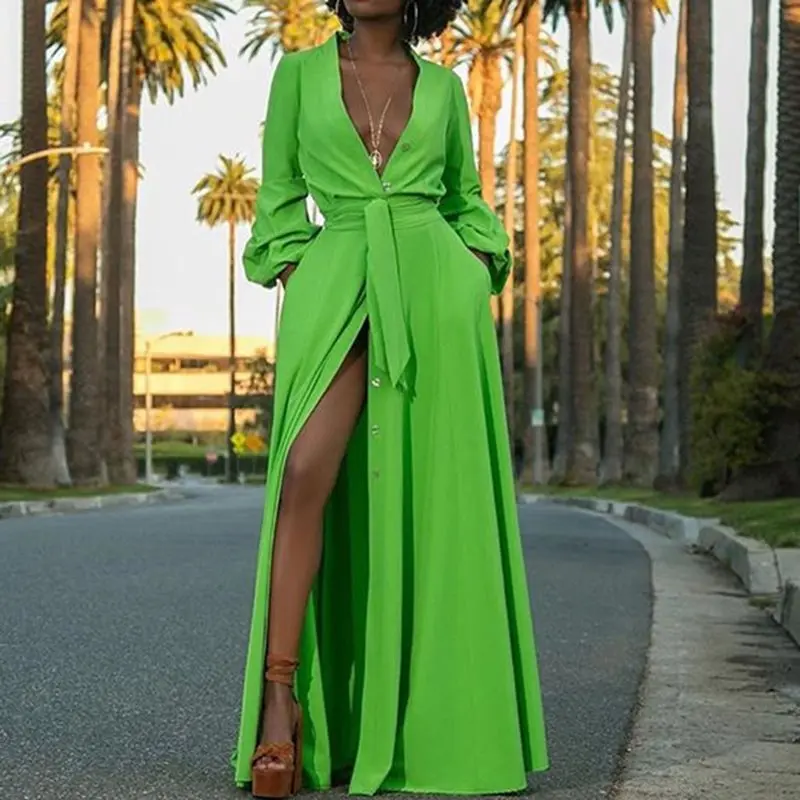 Платье в пол с разрезом и поясом рукав-фонарик простой пуловер макси платье