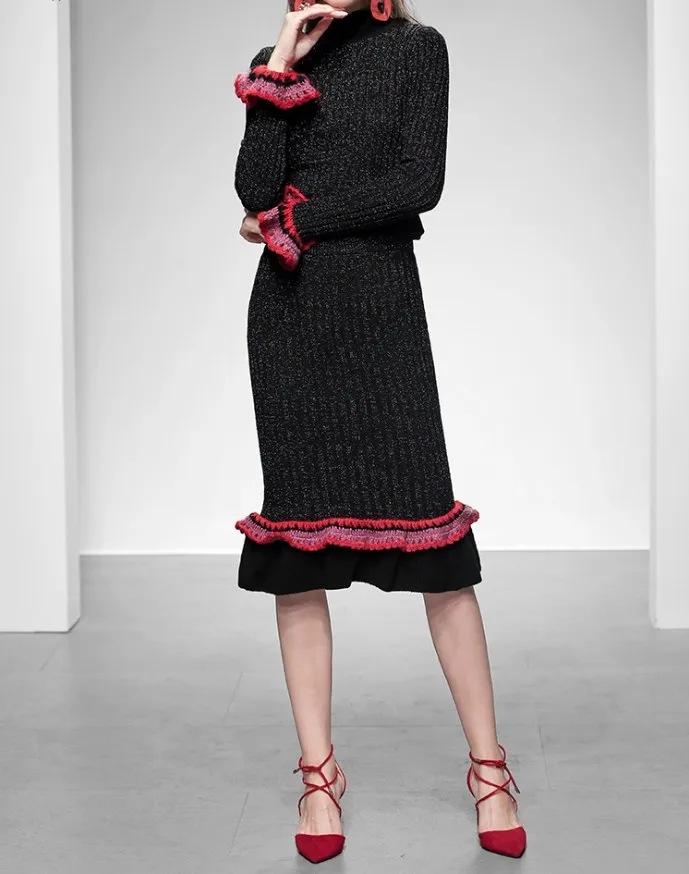 

Women's Flare Sleeve Sweater Set Ruway Show Sleek Office Working Pullover with Ruffle Skirt Set Knitting Bling Shine