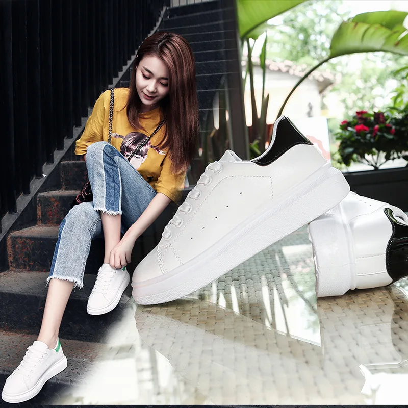 

Women fashion vulcanized shoes platform PU leather classic white shoes women lace-up white Sprint Autumn shoes Women sneakers