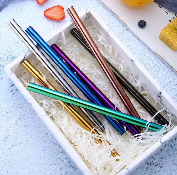 

200pcs 215*12mm Stainless Steel Straw 5 Colors Metal Colorful Drinking Reusable Straight Large Straws For Juice Coffee SN713