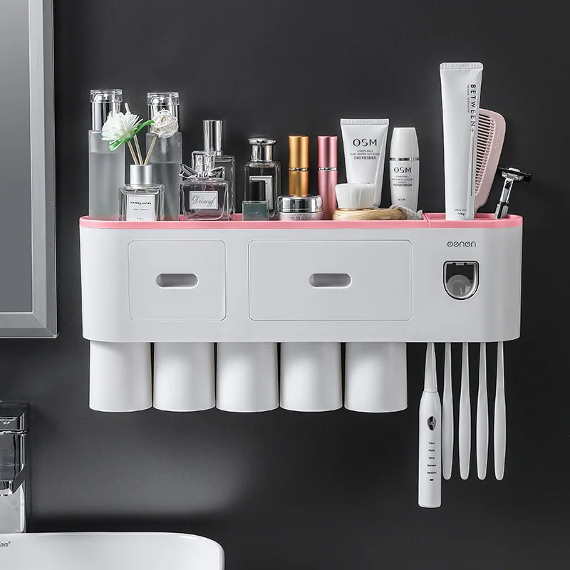 

Toothbrush Holder Multifunctional Wall-Mounted Space-Saving Toothbrush and Toothpaste Squeezer Kit with Dustproof Cover Drawer
