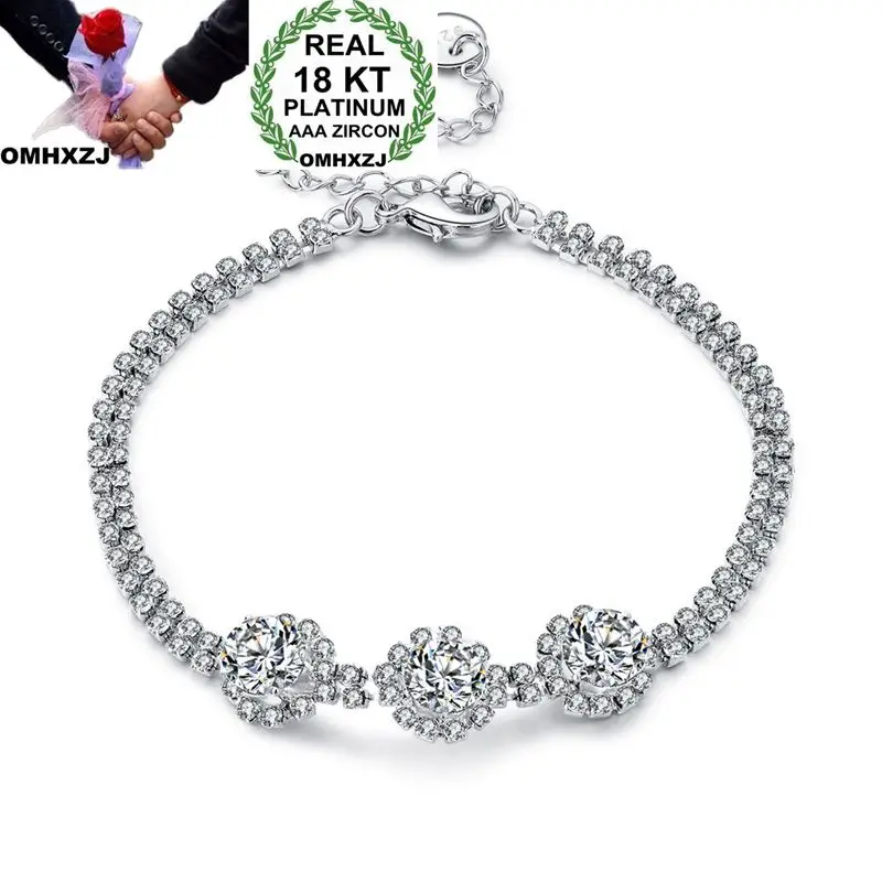 

OMHXZJ Wholesale Personality Fashion OL Woman Girl Party Wedding Gift White Luxiry Zircon Chain 18KT White Gold Bracelet BR49