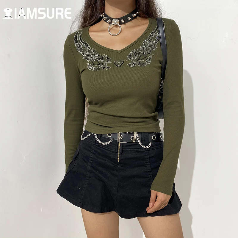 

IAMSURE Basic Rhinestone T Shirt Women 2021 Casual Long Sleeve Tees Autumn Spring Streetwear V-Neck Tops Elegant Fashion Ladies