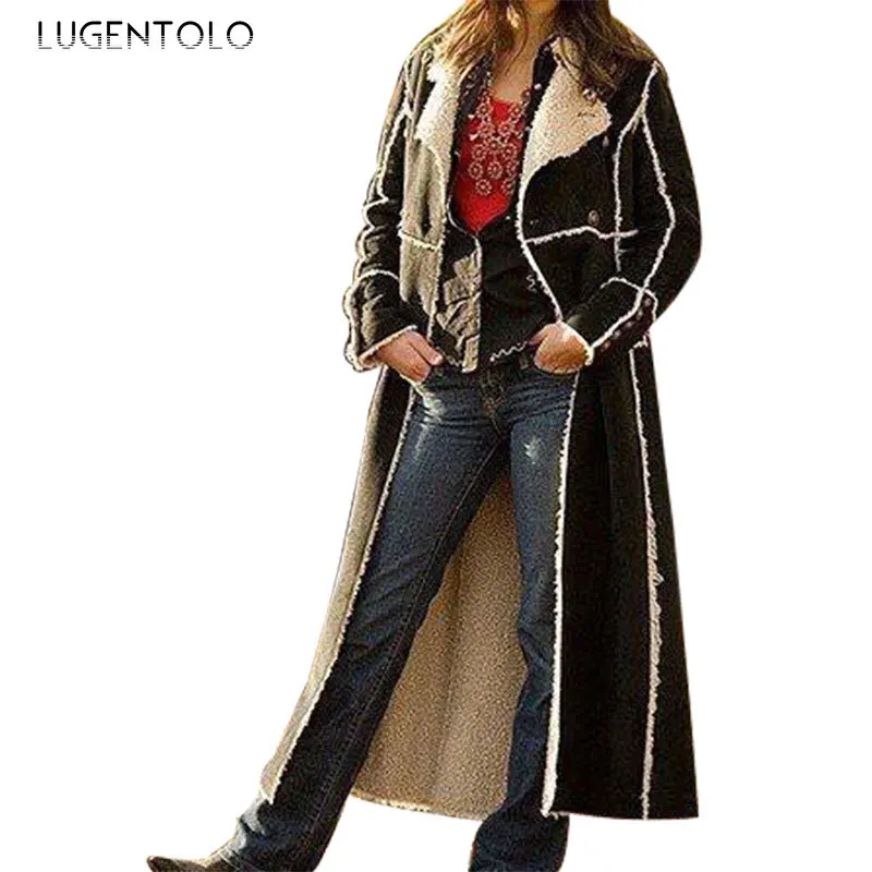

Lugentolo Winter Coat Women Flocking Vintage Double Breasted Full Sleeve Turn-down Collar Slim Womens Windbreaker