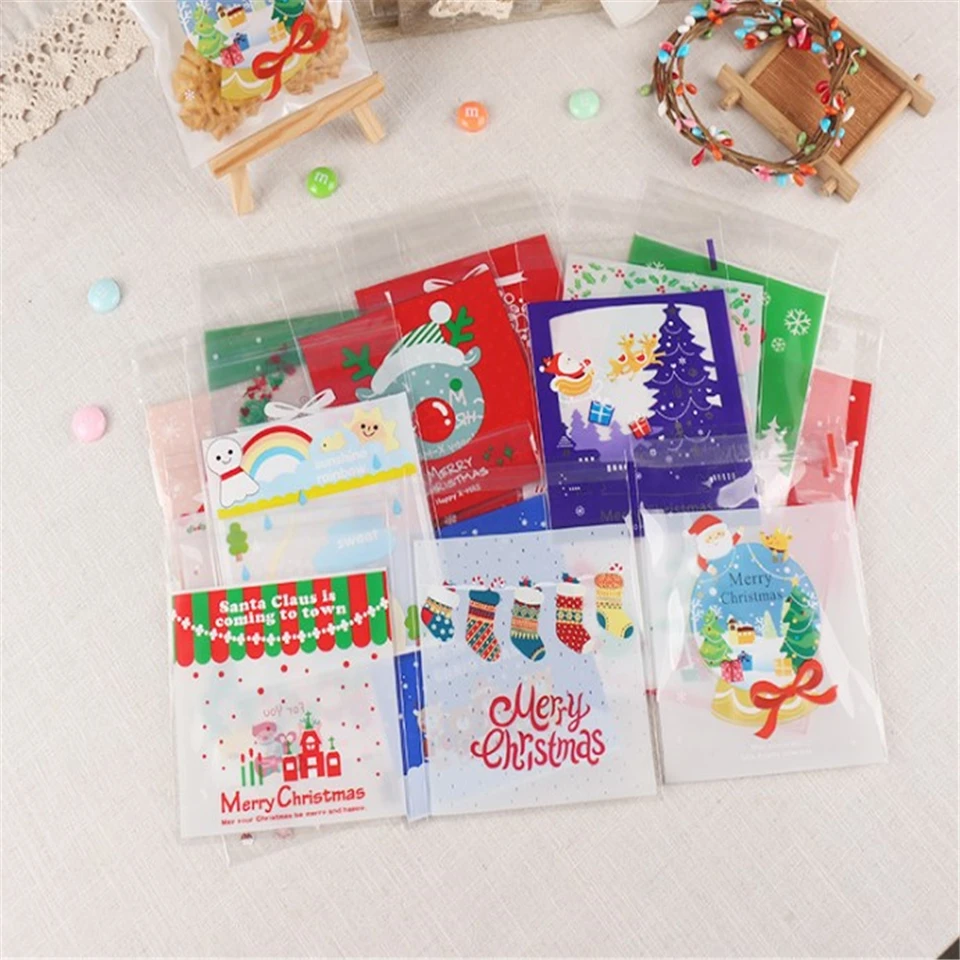 {D& P 100pcs 10X10+ 3 см Рождество печенья конфеты упаковки хлеба самоклеящаяся Пластик печенье закуски выпечка посылка милые сумки через плечо