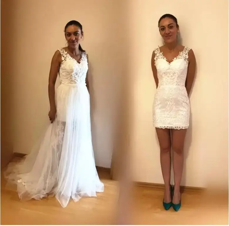 Модные свадебные платья 2 в 1 со съемным шлейфом с V-образным вырезом Тюлевая