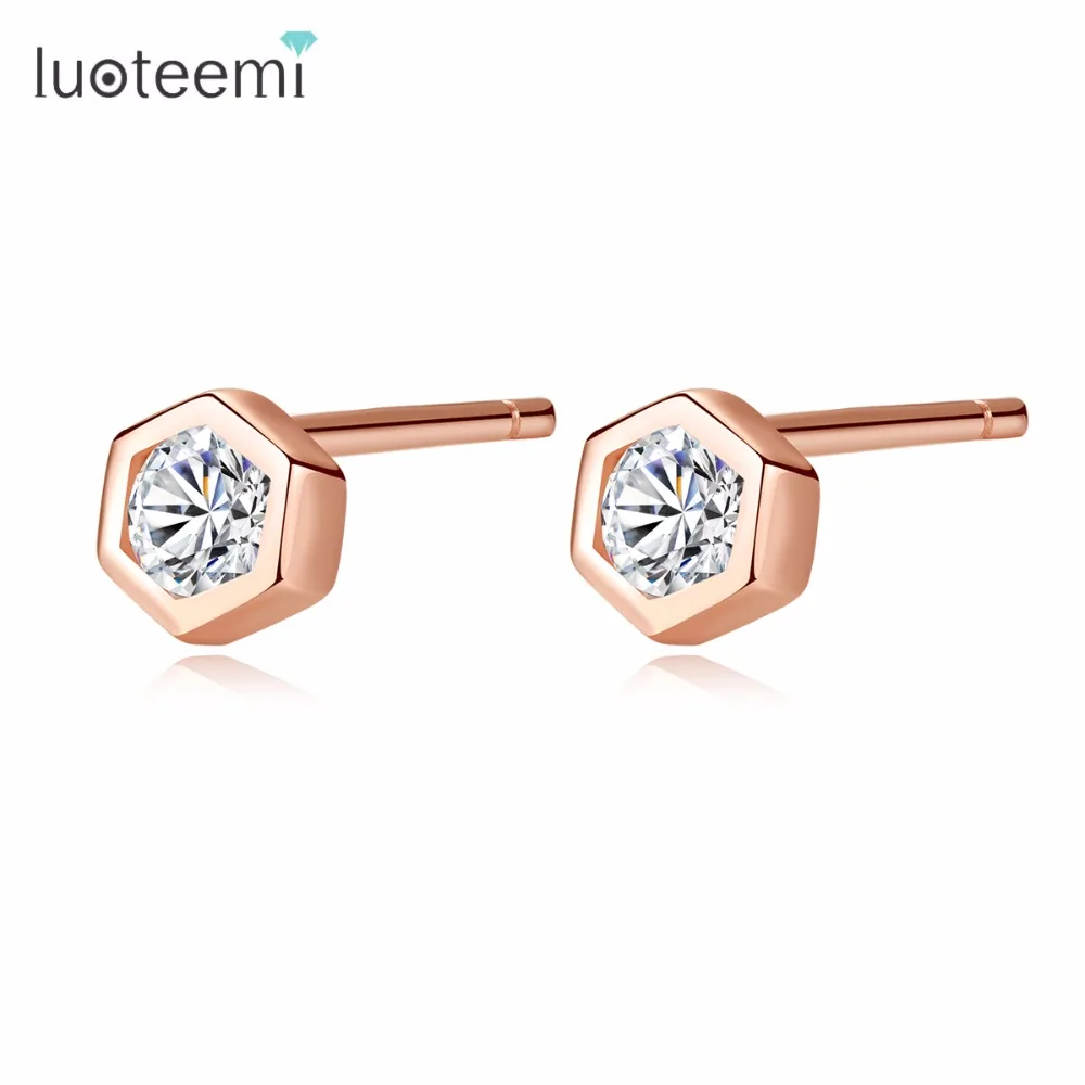 LUOTEEMI, новинка, роскошные женские 925 пробы, серебряные, крошечные геометрические серьги-гвоздики с фианитами и кристаллами для женщин, розовое золото, повседневные серьги