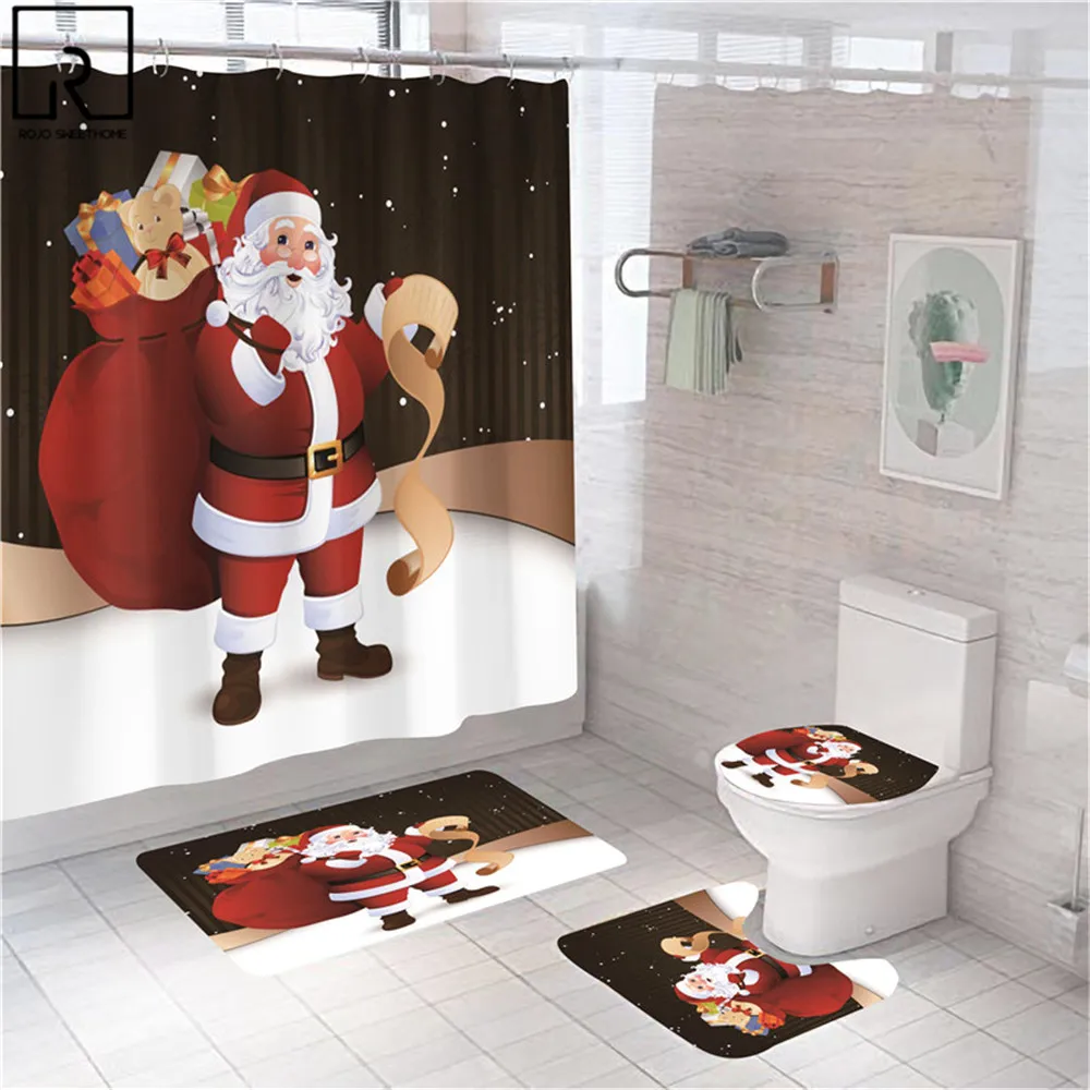 

Red Christmas Santa Bathroom Curtain Polyester Fabric 3D Festival Bath Curtain Waterproof Home Mat Rugs Bathroom Accessories Set