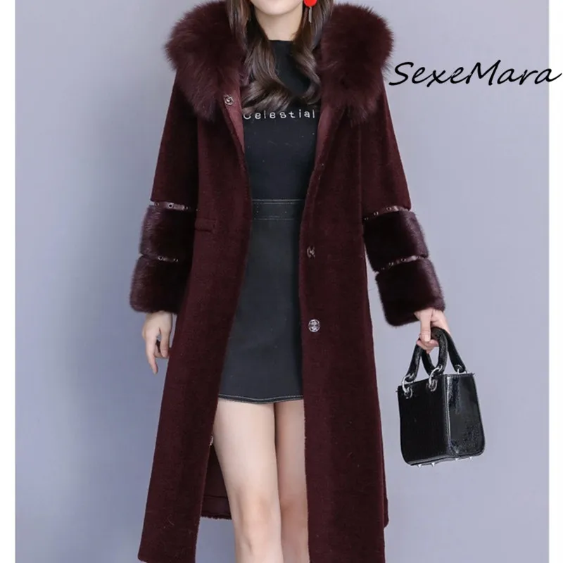 

2019 Winter Fashion Fur Hooded Women Long Coats Korean Style Single Breasted Elegant Wool Coat