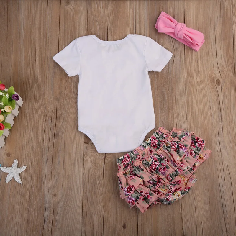 

2017-08-22 Lioraitiin 0-24M Infant Baby Girls Short Sleeve Print Letter Floral Romper Pants Shorts Headband Outfits Clothes Set