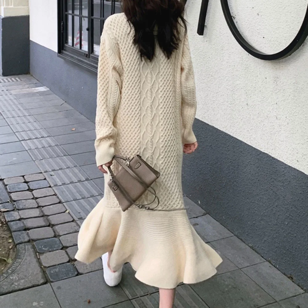 Women Knitted Long Sleeve Sweater Dress Korean Fashion Round Neck Casual Loose Jumper Pullover Young Ladies Mermaid Maxi Dresses