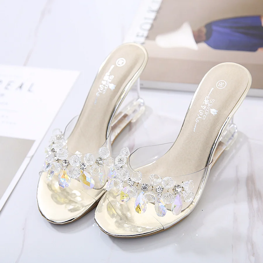 

wedge sandals women summer sexy crystal transparent high-heeled slippers rhinestone wedge sandals 2019