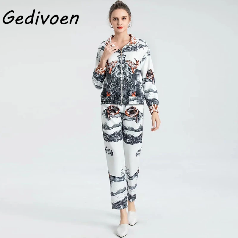 

Дизайнерские осенне-зимние брюки Gedivoen, повседневные Костюмы, женская модная куртка с длинным рукавом и мультяшным принтом животных + брюки, ...