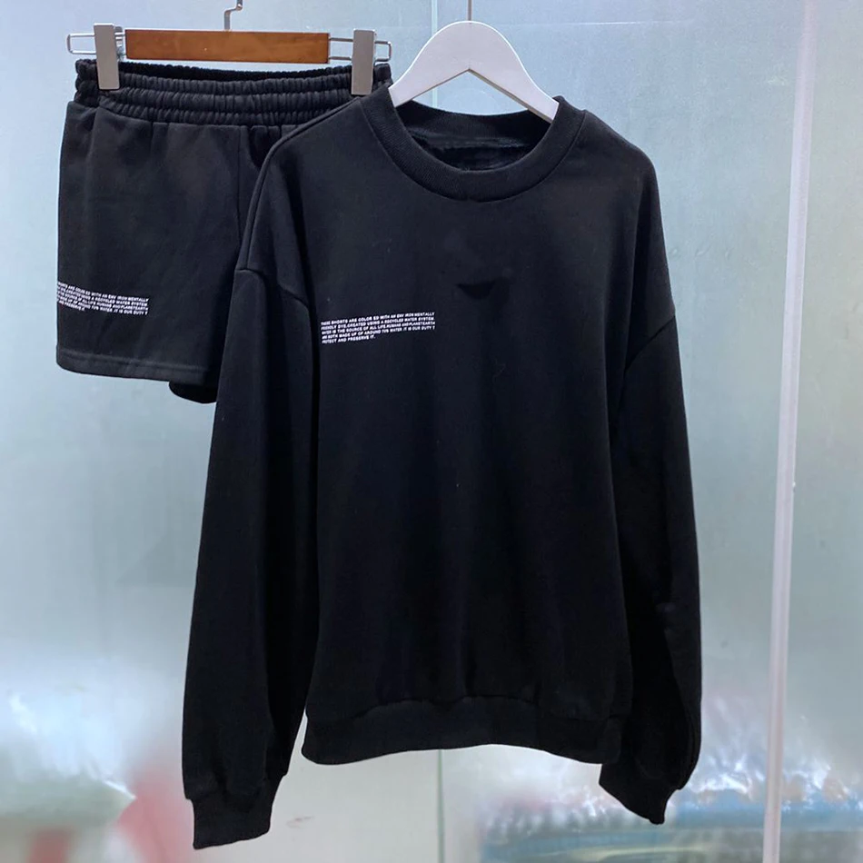 

Free Shipping 2021 New Women's Loose Letter Sports Set Casual O-Neck Long Sleeve Pullover & Shorts Solid Color Two-piece Set