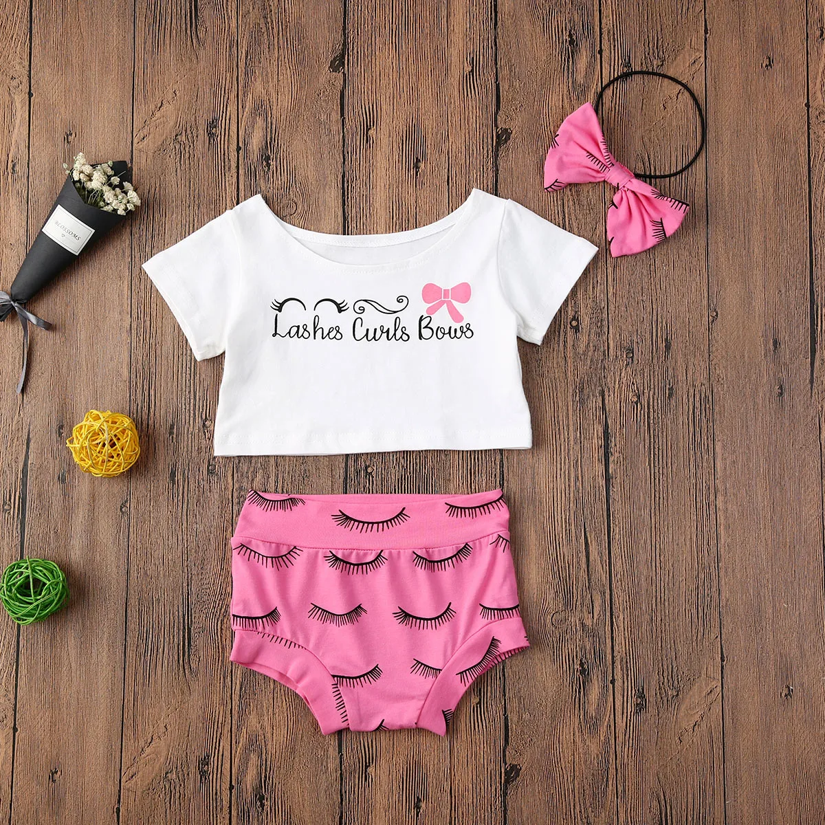 

Newborn Baby Girls Clothes Short Sleeve Crop Top T-Shirt Eyelash Print Shorts Headband Summer Outfits Set