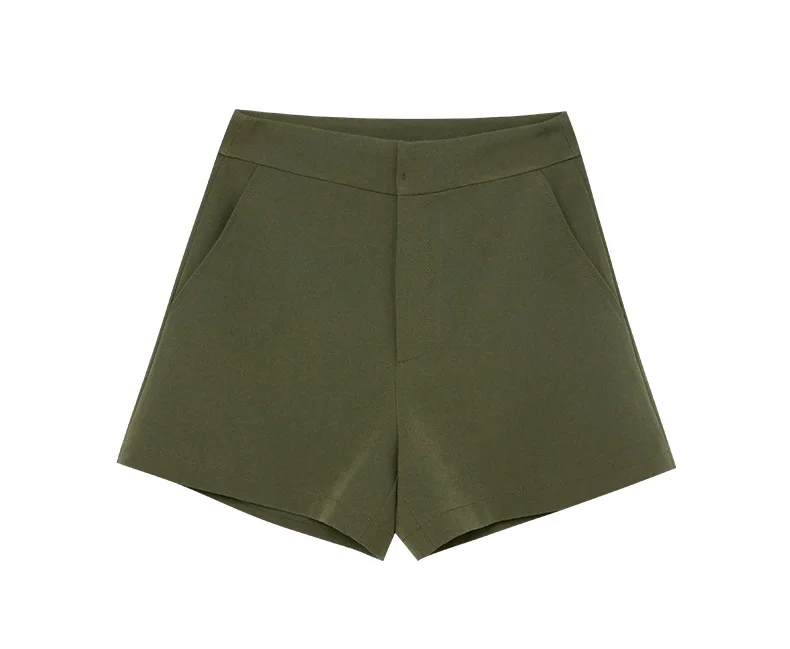 Женский офисный костюм с шортами элегантная приталенная куртка болотного цвета