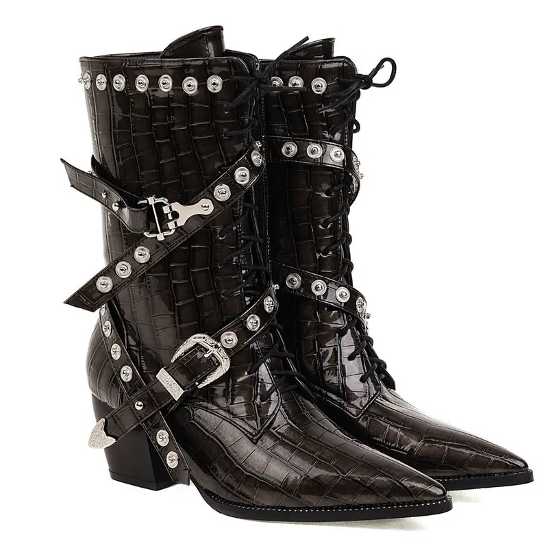 

Классические женские ботильоны с ремешком и заклепками, модная обувь с острым носком на толстом каблуке, женские ботинки в британском стиле...