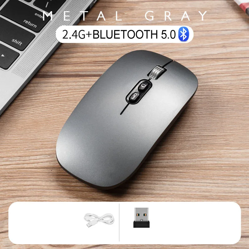 Metal Gray Элегантная перезаряжаемая Bluetooth 5,0 Беспроводная Бесшумная оптическая мышь с двойным режимом 2,4G Бесшумная эргономичная мышь для ноутбука - Цвет: Metal Gray