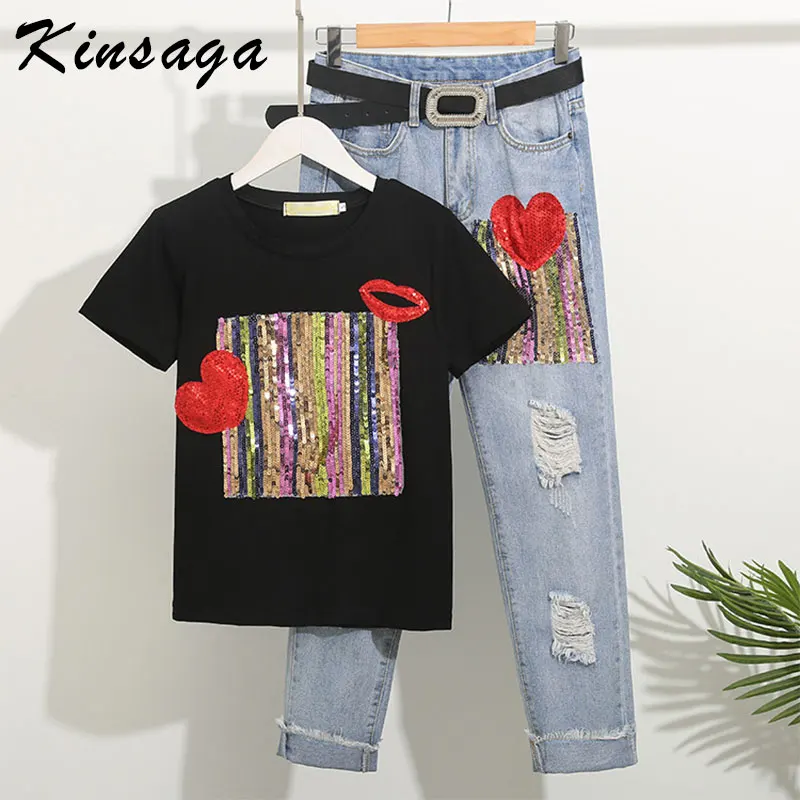 Модный комплект из 2 предметов с радужными блестками летняя Однотонная футболка