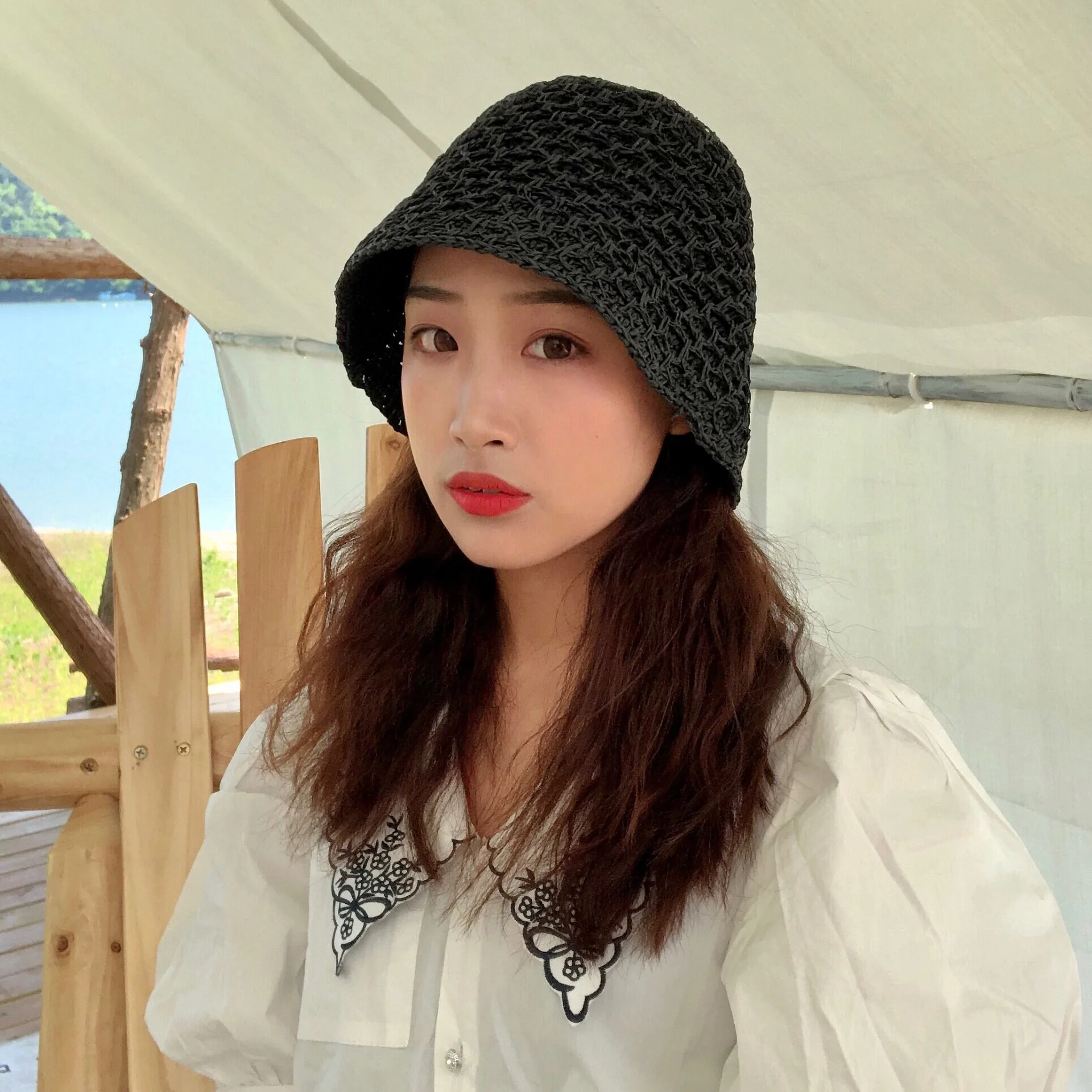 

202103-YZ new Double layer hollow knitting paper straw holiday lady sun bucket cap women leisure hat