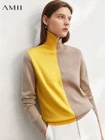 amii minimalism women sweater fashion contrast spliced knitted tops polo collar pullover winter sweaters female tops 12020348