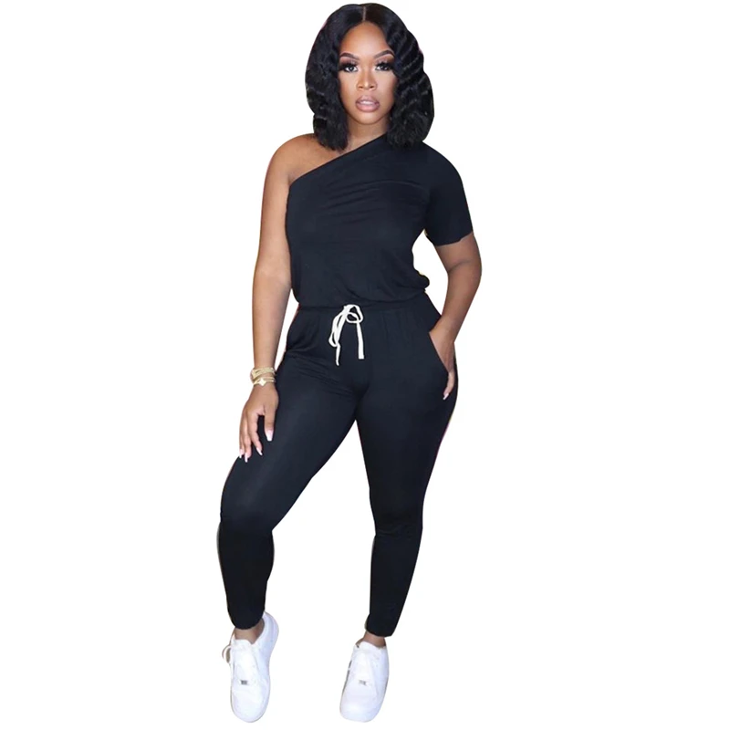 

One Shoulder Short Sleeve Rompers Women Jumpsuit Summer Clothes Drawstring Bodycon One Piece Playsuits Female Solid Jumpsuits