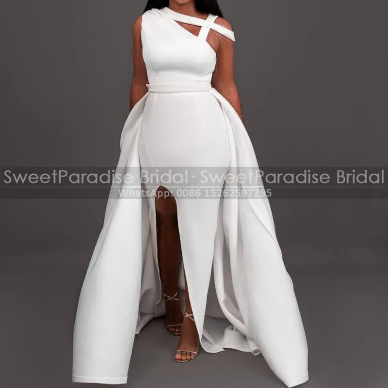 

Unique White Wedding Dress With Detachable Skirt A Line Side Split One Shoulder Women Long Formal Dresses Brdial Gown