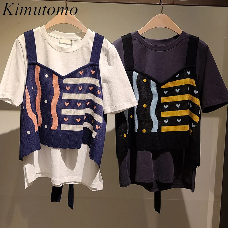 

Повседневный Модный женский костюм Kimutomo, сезон 2021, Ранняя осень, корейский стиль, круглый вырез, короткий рукав, белая футболка, подходящий ц...