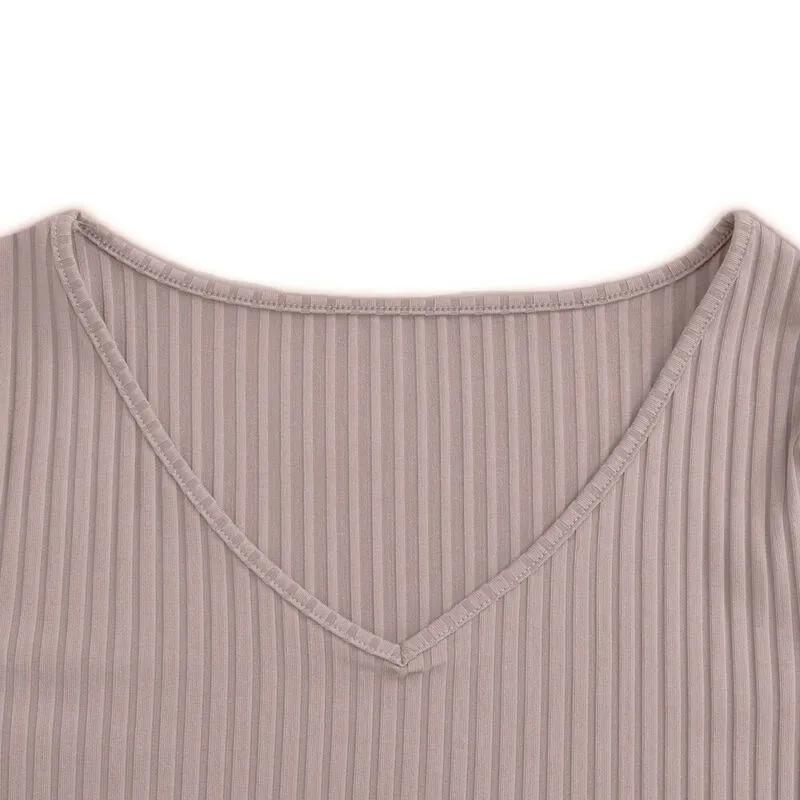 

V Neck T-Shirt Long Sleeve Casual Blouse Tee Tops Ribbed Ladies Slim Fit Womens