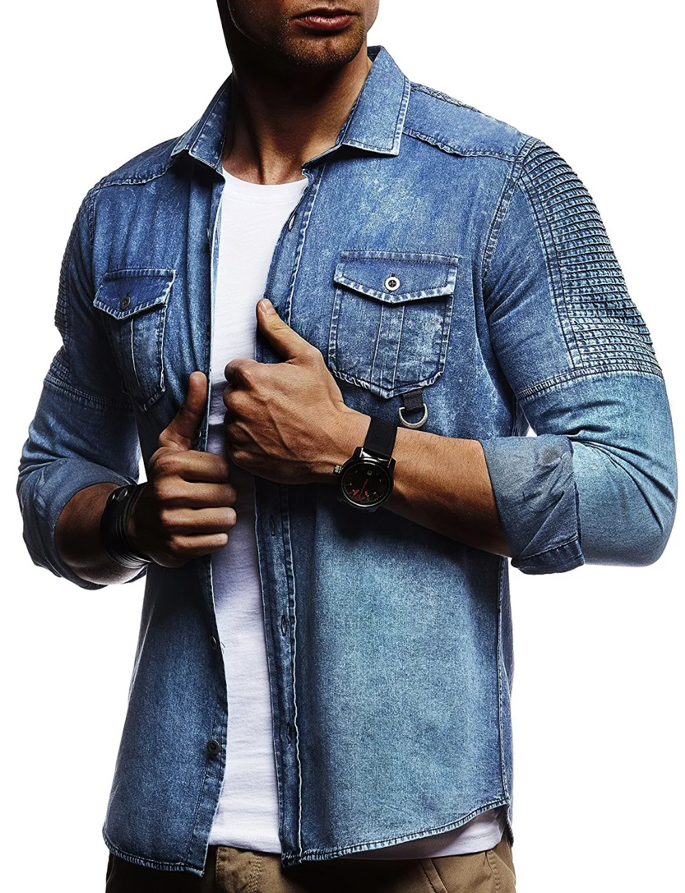 

Men's Shirts Long Sleeve Plaid Shirts Mens Dress Shirt Brand Casual Denim Style Checks Slim Slight Elastic Jeans Cowboy Shirts