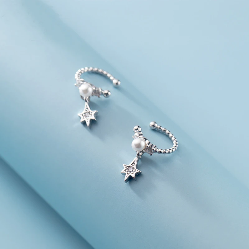 

Genuine 925 Sterling Silver Star and Seashell Pearl Non-Pierced Cartilage Earrings Dainty Ear Cuff Wrap Earrings for Women Girls