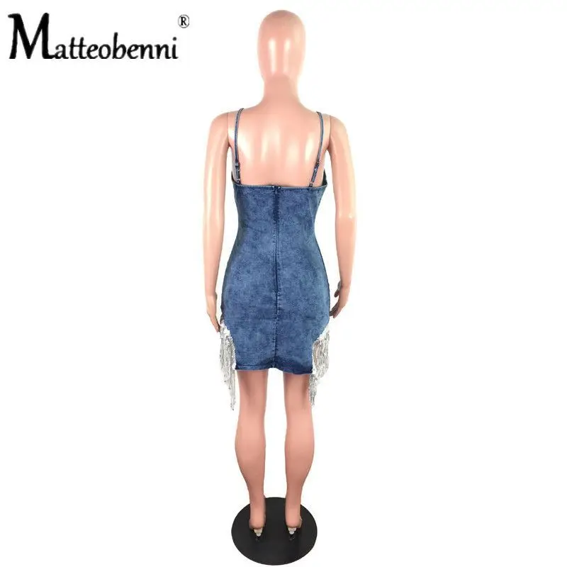 

Women Fashion Sexy Stretch High Waist Fringe Sequin Suspenders Denim Short Dress Backless Hip Slim Ladies Streetwear Denim Dress