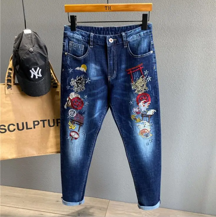 Embroidery dragon jeans mens blue мужские джинсы original design trousers new style 2-color straight stretch slim trendy pants