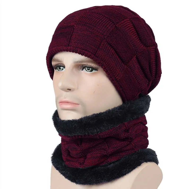 Wine Red Новейшая Мужская теплая шапка бини, Повседневная вязаная шапка, модная теплая зимняя шапка для мужчин, уличная шапка Skullies Beanies, теплая флисовая шапка - Цвет: Wine Red