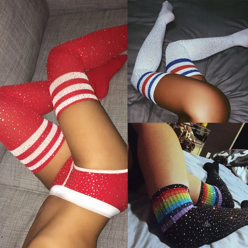 

Free shipping Women Hot drilling over the knee stripe sport stockings Girl's Stocks Hip hop leg