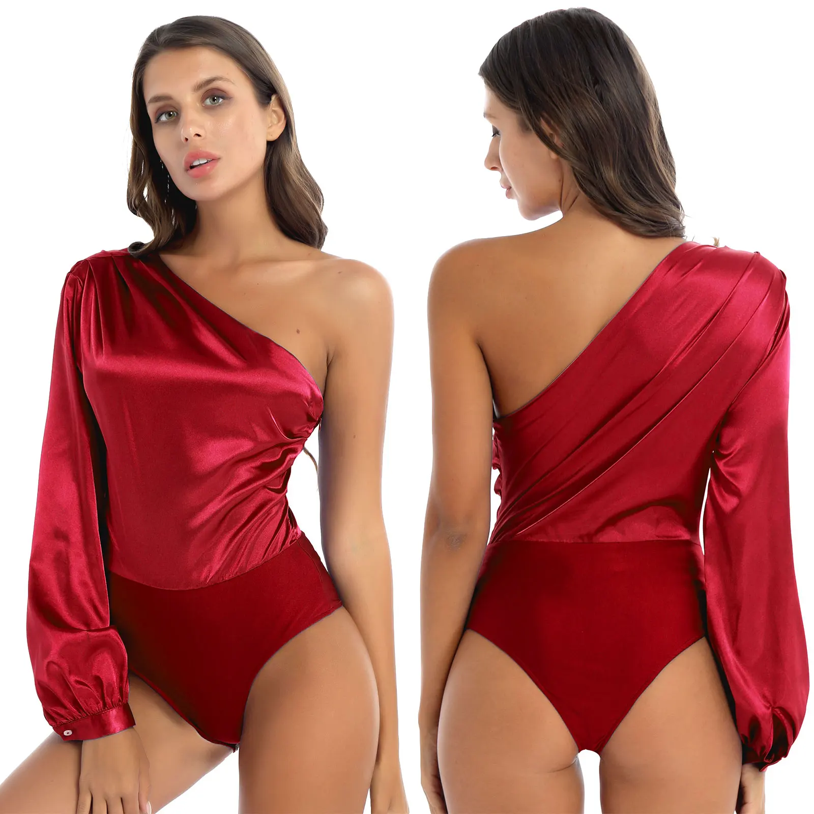 Для женщин платье на одно плечо с длинными рукавами сатиновый костюм