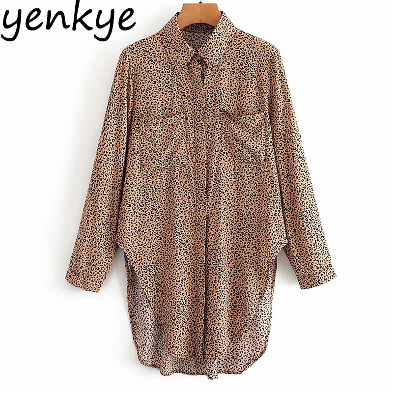 

Vintage Leopard Blouse Shirt Women Lapel Collar Long Sleeve Sexy Slits Long Shirts Streetwear Plus Size Summer blusas femininas