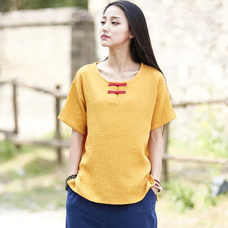 

Women Button Patchwork Cotton Blouse Summer Short Sleeve Tops casual Shirts female Soft Tops -