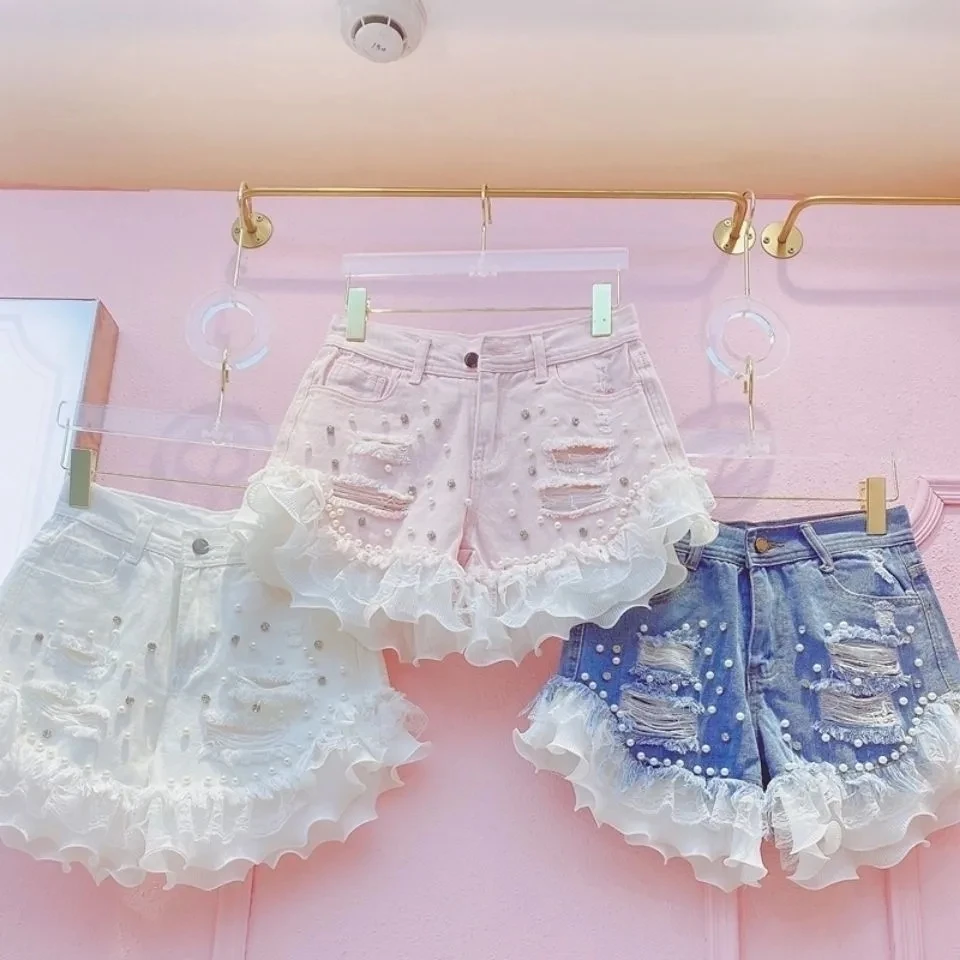 

Basic Summer Denim Shorts Women 2021 PINGK LACE Korean Casual Mid Waist Cuffed Tassels Ripped Holes Pink Jeans Shorts