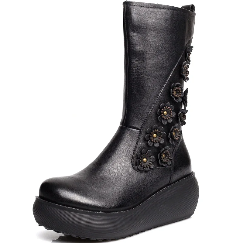 Женские кожаные ботинки Обувь до середины икры осенние на танкетке в стиле ретро