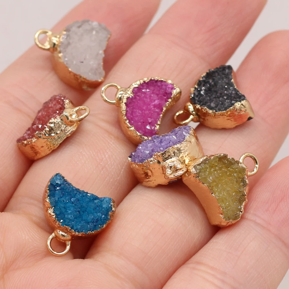 

2Pc Natural Agates Druzy Pendants Gold-plated Moon Shape Charm Druzy for Jewelry Making Women Necklace Earrings Accessories