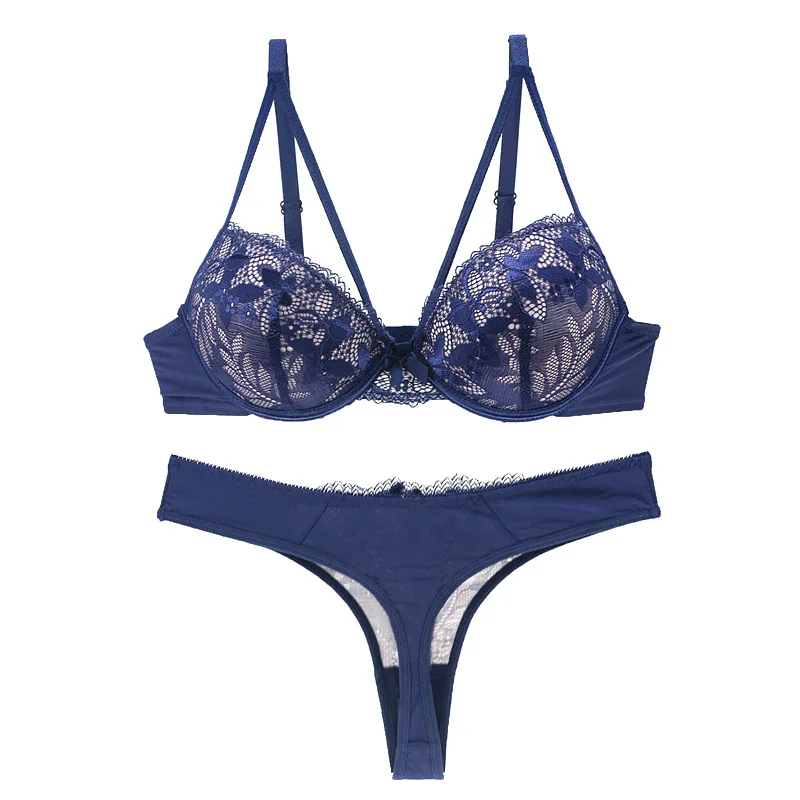 Women's Thong Sexy Underwear Set Black Bra Women Lingerie Set Lace Embroidery Push up Bra And Panties Sets Deep V Gather