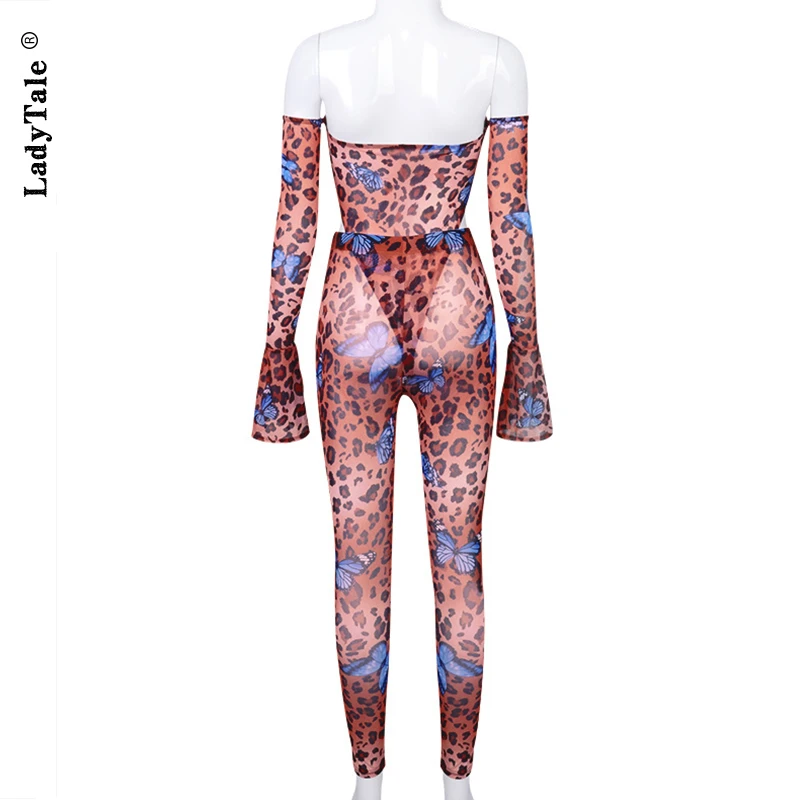 

Leopard Print Mesh Sexy Off Shoulder Two Piece Sets Women Long Sleeve Cropped Top And High Waist Pants Active Wear