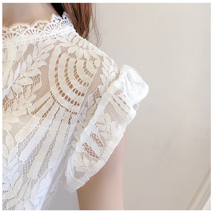 Женская кружевная блузка 2020 H белая ажурная с круглым вырезом и цветочным принтом