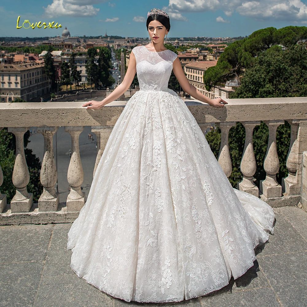 Loverxu бальное платье с круглым вырезом кружевные свадебные платья аппликацией из