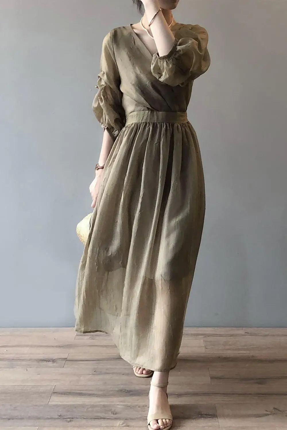 

DE0003 V-neck Cross Silk Dress Casual Ladies Folds Puff Half Sleeve Solid Mid-Calf Dresses Women-Clothing